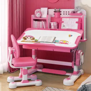 Kids Study Desk and Chair Set, 50-Degree Tiltable Surface, Height-Adjustable Kids Desk with Storage Drawers and Bookshelf, Ergonomic Chair with Wide Writing Board and Sitting Corrector