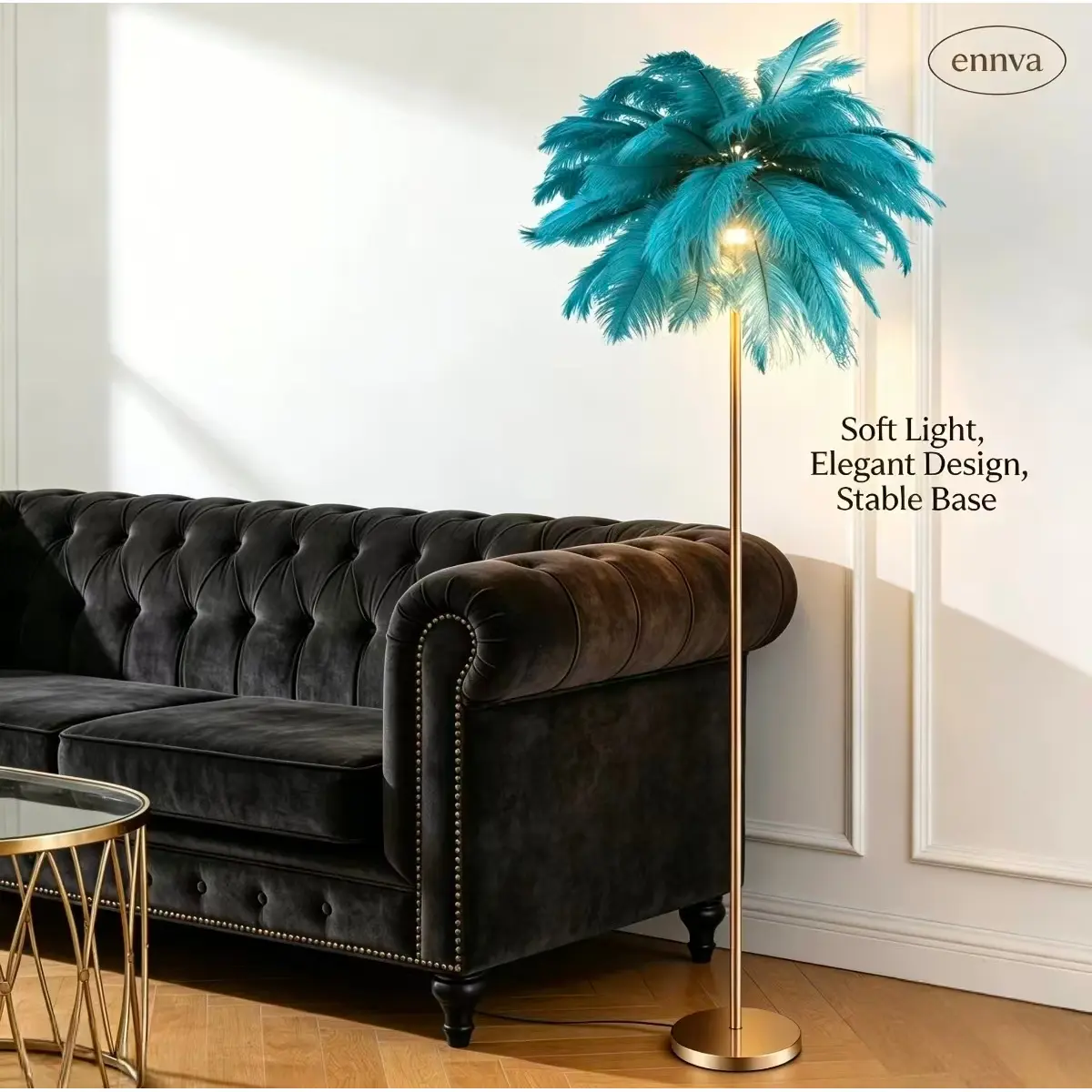 Ennva Rose Gold Modern Curved Tall Floor Lamp - Fluffy Ostrich Feather Body, 3-Color Temperatures, Touch Switch, Bright LED Bulb, Blue Soft Light for Living Room, Bedroom Indoor Lighting gift holiday decor
