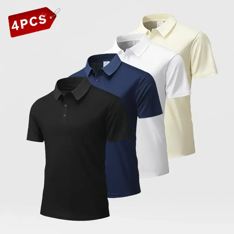 Men’s 4-Pack Short-Sleeve Polo Shirts - Chic, Stylish, Versatile Button-Up Tops for Smart Casual Wear, Pairable with Jeans/Shorts