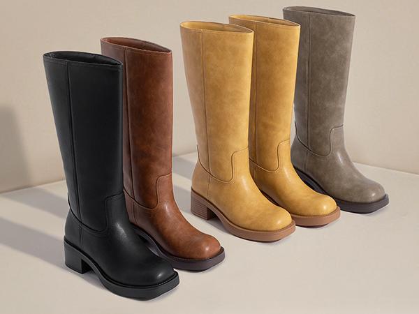 Athlefit Women's Banana Mid Calf Boots Square Toe Wide Calf Slip On Chunky Riding Boots for Women Low Heel Shoe Footwear Stylish Leather