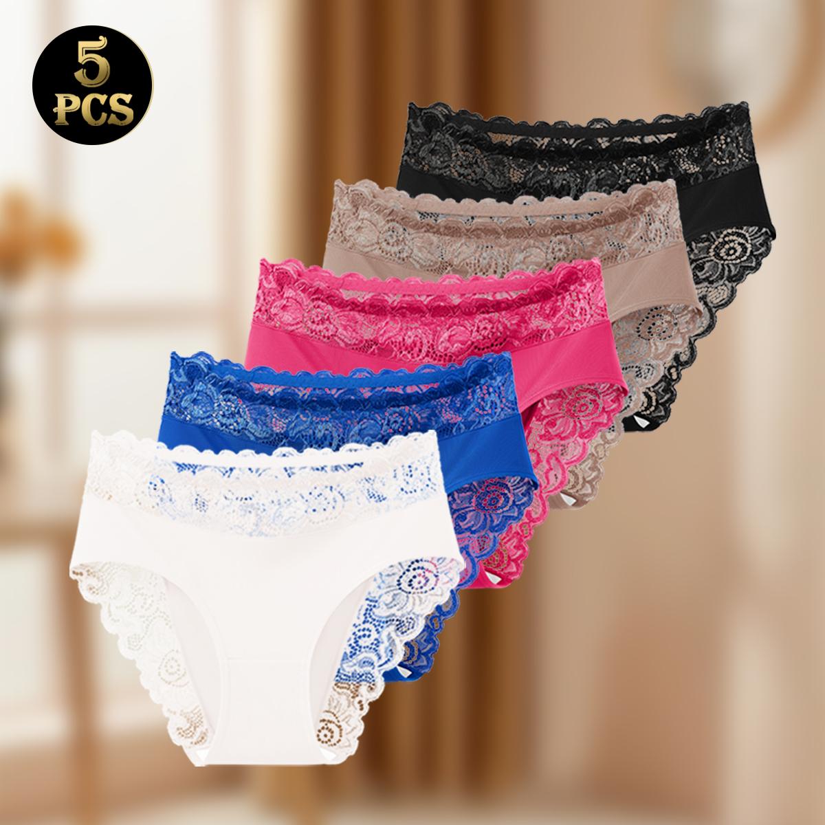 QUASTI 5-Pack Silky Smooth & Sexy Lace Mid-Waist Panties for Women, Lightweight Breathable Fabric Briefs, Soft Stretch Everyday Intimates, S-XXL