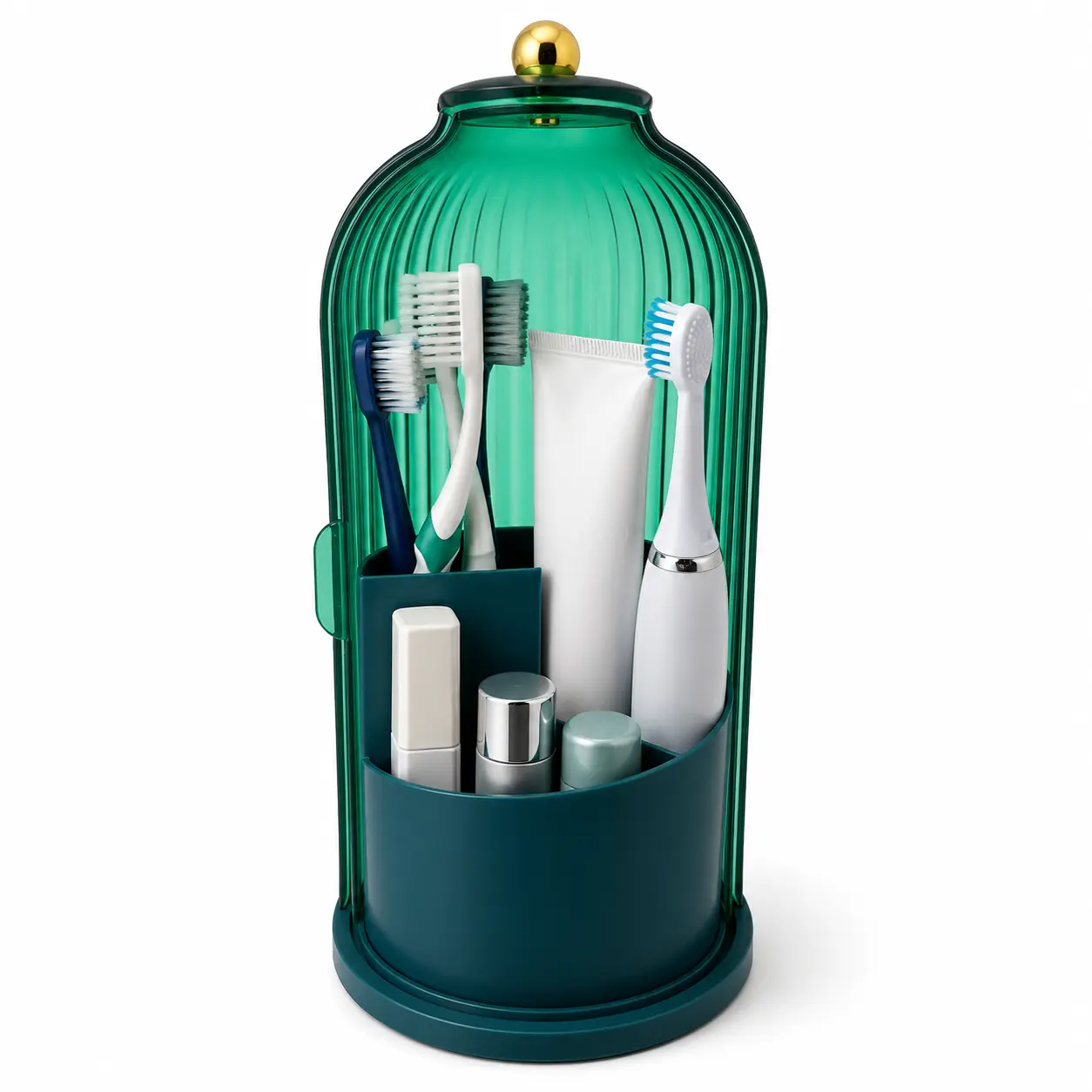 3-in-1 Multi-Compartment Toothbrush Holder - 3-Tier Modern Vanity Caddy, 360° Rotating Dustproof Waterproof Bathroom Accessory with Sliding Lid, Home Organization for Electric Toothbrushes & Toothpaste (Family Use)
