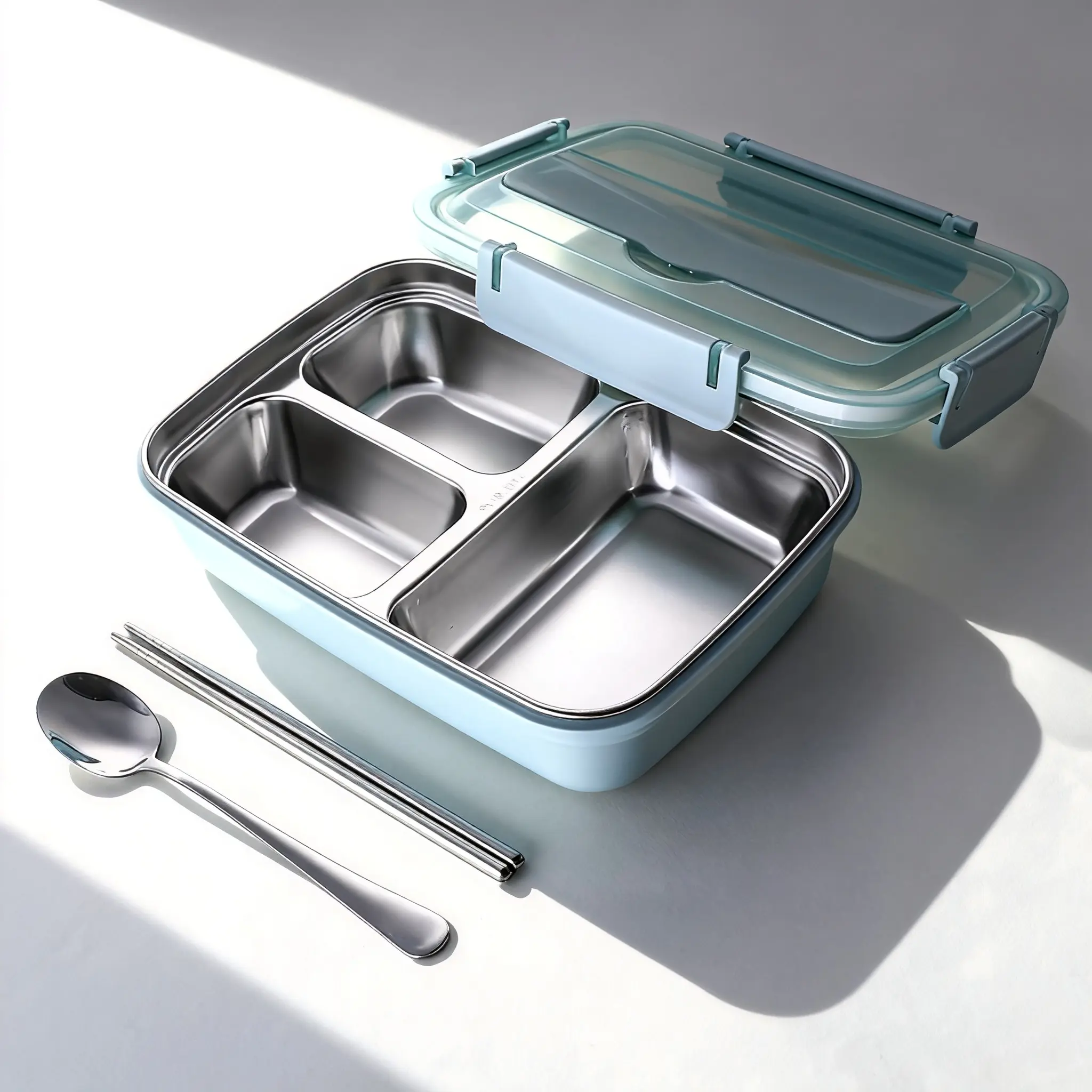 Aesthetic Portable Insulated Reusable Thermal Bento Lunch Box with Lid - 3-Grid Steel & Silicone Set, Blue, Includes Spoon, Chopsticks, Snack Box Container, Ideal for School Use & Kid Lunch Packing