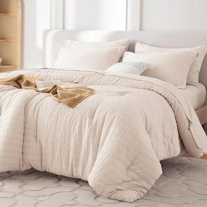 MUXHOMO 7 Pieces Queen Comforter Set, Seersucker Bed in a Bag Queen Size, All Season Luxury Bedding Set with Comforter, Flat Sheet, Fitted Sheet, Pillowcases & Shams, Beige,back to school,back to school shopping,home decor