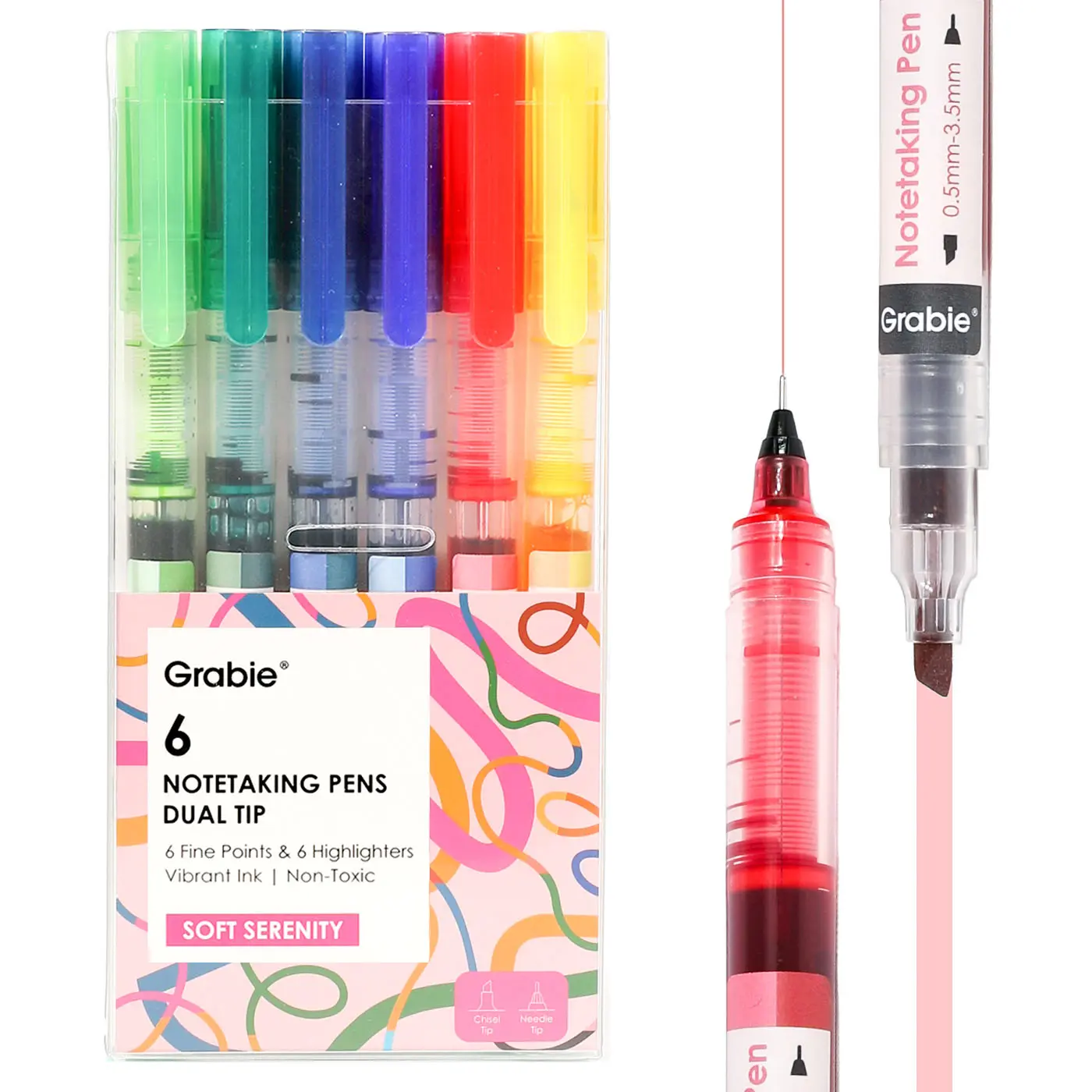 Grabie Soft Serenity 6-Piece Hybrid Dual-Tip Note-Taking Kit - 3.5mm Chisel, 0.5mm Fine Needle Tips, Color-Themed Tools & Refills, Highlighters, Aesthetic Office Supplies, College Student Pen, Back to School Haul Gift, 0.5Mm Needle Tip