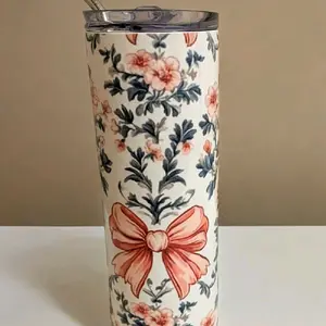 Cottagecore Bloom Floral Tumbler with Pink Bow Design and Stainless Steel Lid for Everyday Use
