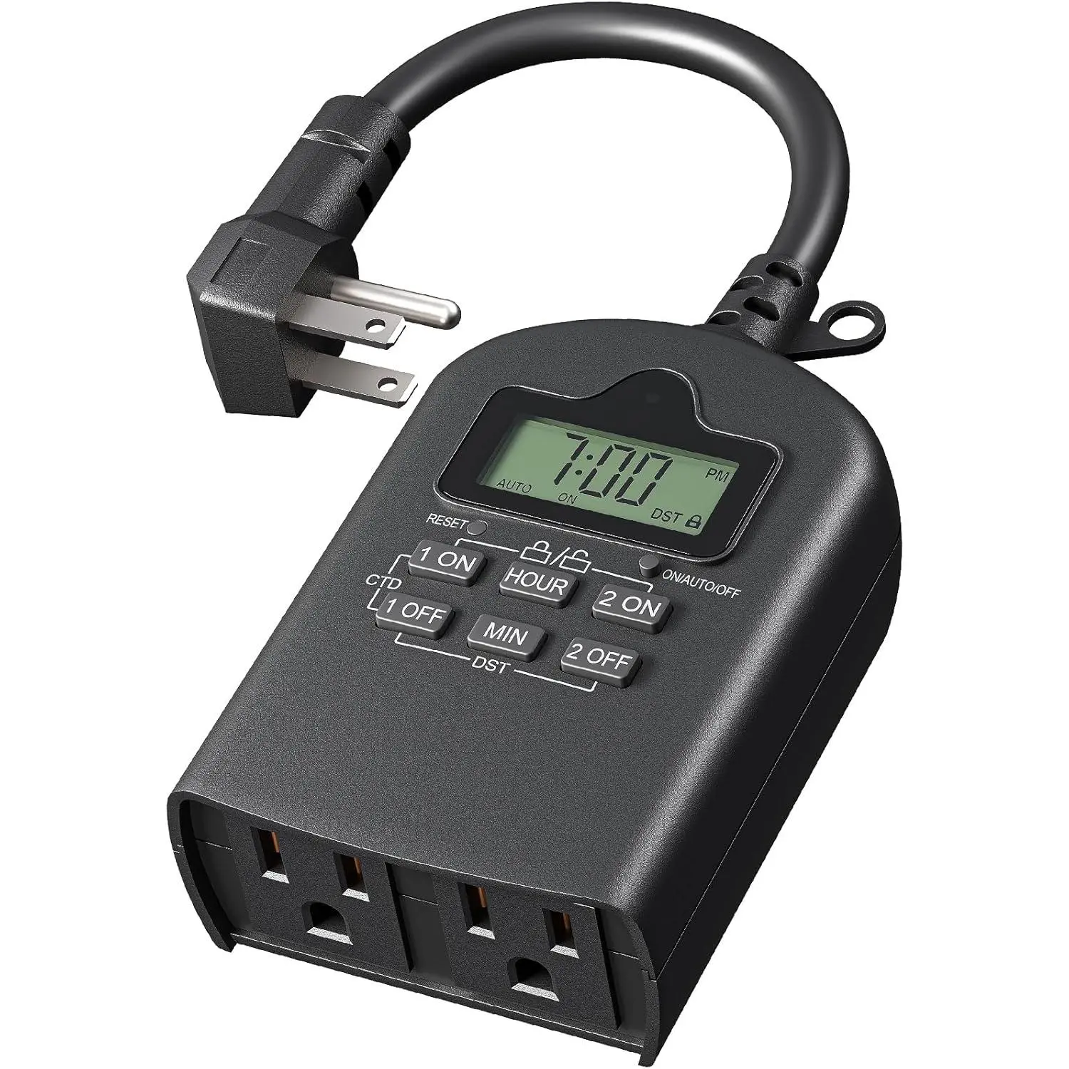 Outdoor Waterproof Digital Timer Outlet - 2-Outlet, 15A Capacity Resistive Load, 1/2 HP, 1250W/10A Tungsten, 6-Inch SJTW 14/3C Grounded Cord, Heavy Duty, ETL Listed, Fire-Safe PC, Lock Screen, for Home Use with String Lights, Pool Pumps, Garden Decoration