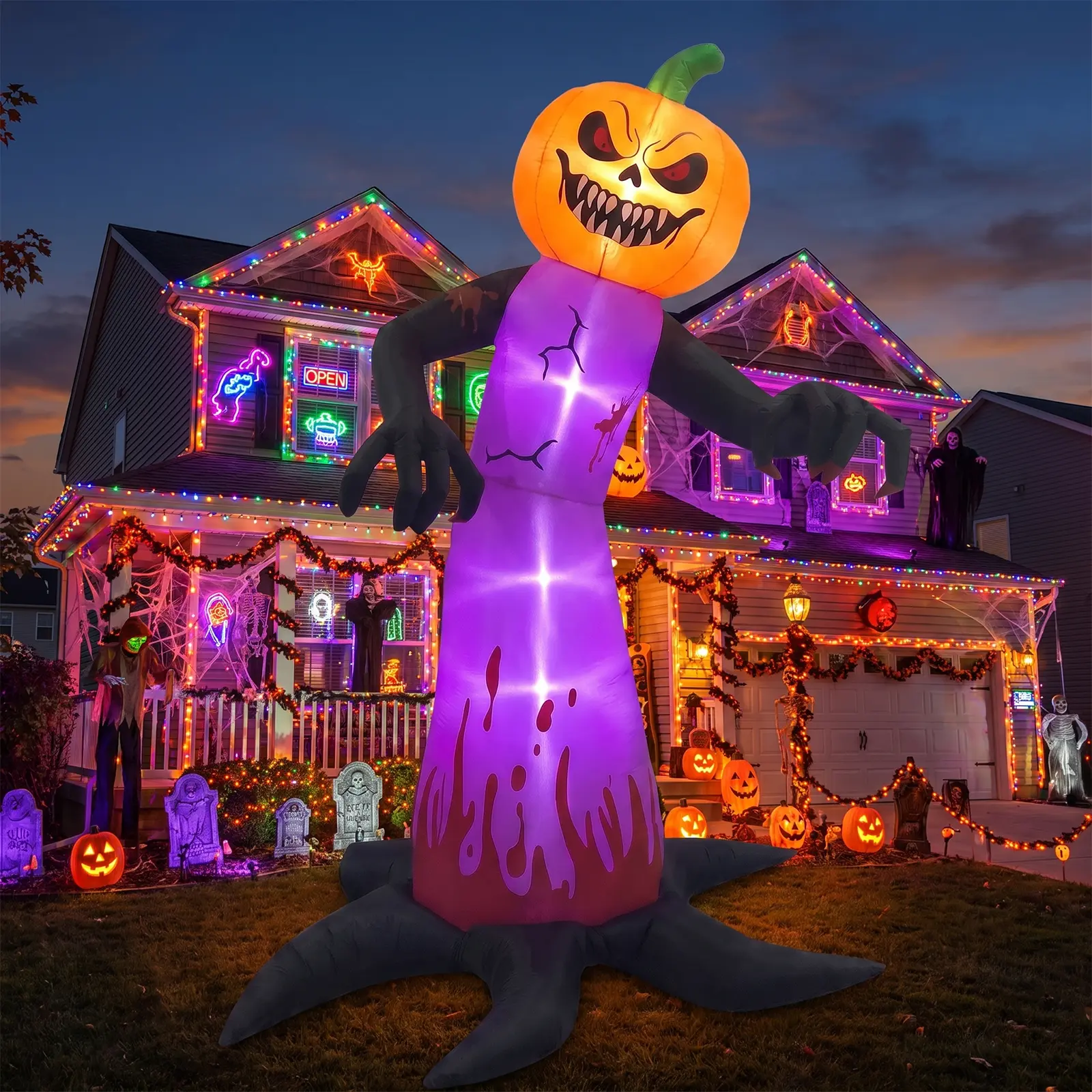 Gardwin 12ft Halloween Pumpkin Ghost Demon Inflatable Outdoor Decor - Ghost-Shaped Halloween Decorations with Built-In LED Lighting, Pumpkin Face, Fixing Nails, Ropes, Storage Bag - Spooky Decor for Family Gardens, Lawns (Home & Festive Party Supplies)