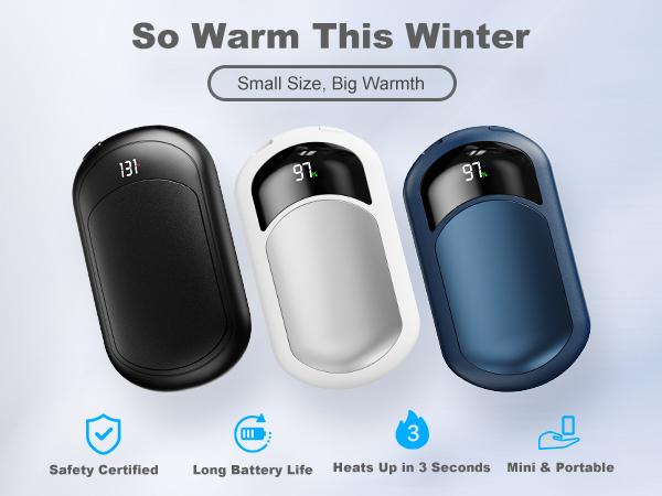 Fussion AI 2-pack rechargeable hand warmers, includes a greeting card, 6400mAh battery, 3 temperature settings, rapid heating, portable design, 10-hour battery life, suitable for outdoor activities such as skiing, hunting, golf, and camping.