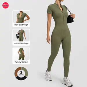 S&W Tight Jumpsuit Bodysuit Workout Seamless Ribbed Tummy Control Yoga Bodycon Zip Up One Piece Unitard Sculpt Rompers Womenswear