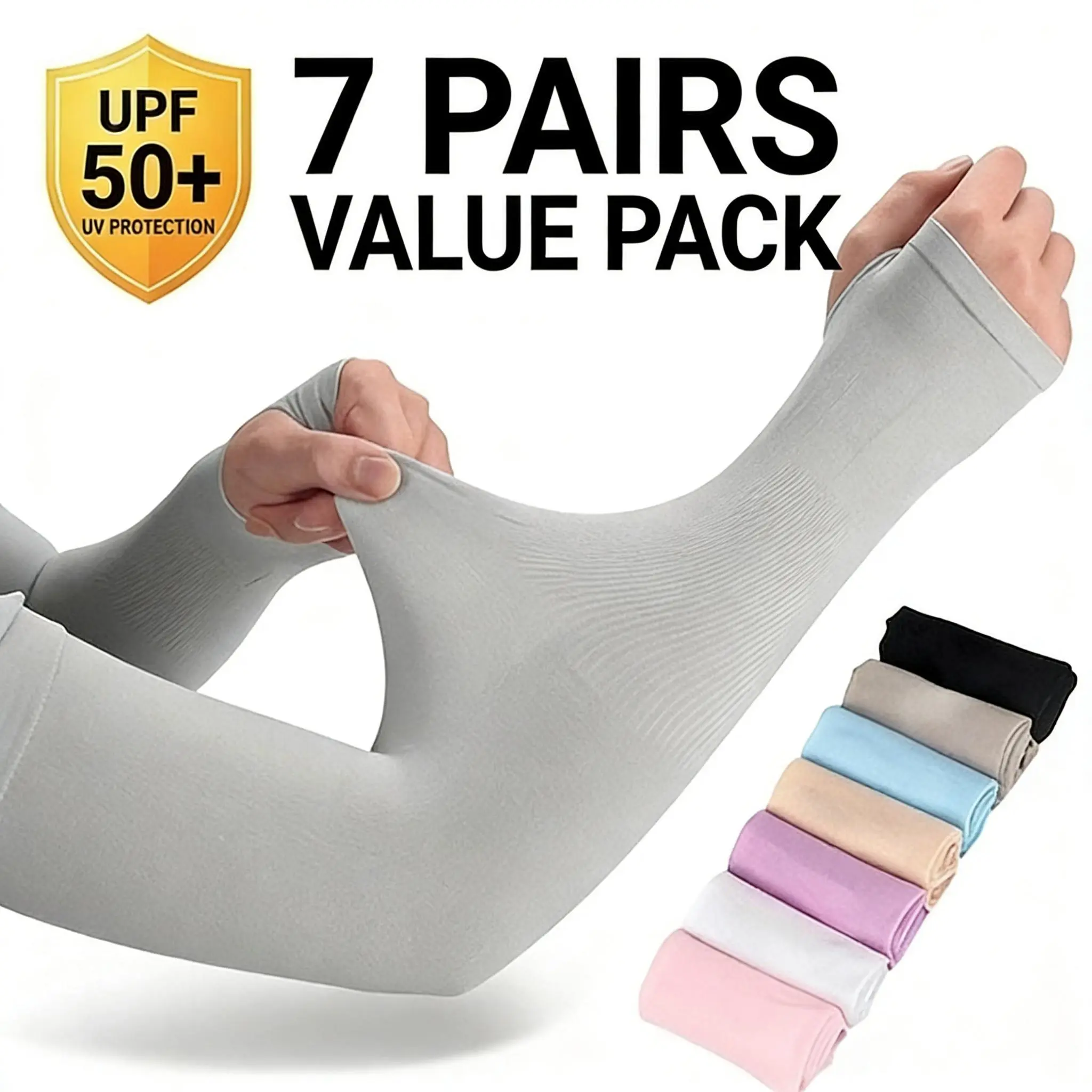 7-Pair UPF 50+ UV Protection Cooling Ice Silk Arm Sleeves for Men, Breathable Thumb-Hole Covers, Fishing Sun Guard Ideal for Driving, Golfing, Outdoor Sports, 7 Pairs, Hiking