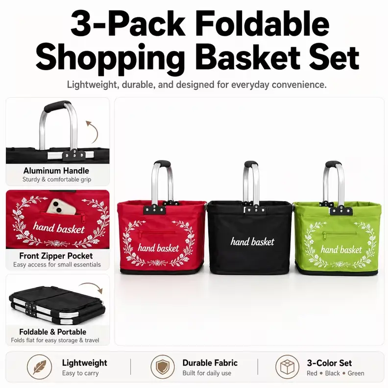 Portable, collapsible picnic basket with an aluminum frame; large-capacity, insulated, and foldable design featuring zippered side pockets; available in red, black, and green; suitable for picnics, takeout, and shopping.