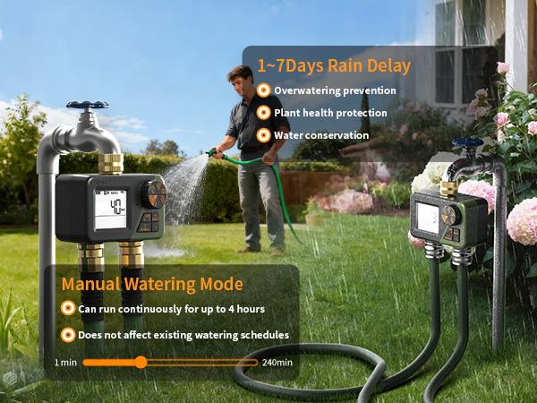 Diivoo Brass Sprinkler Timer 2 Zone, IP67 Waterproof Programmable Water Hose Timer 2 Outlet with Large Display, Rain Delay & Manual Watering for Outdoor Automatic Irrigation of Garden, Lawn, Yard