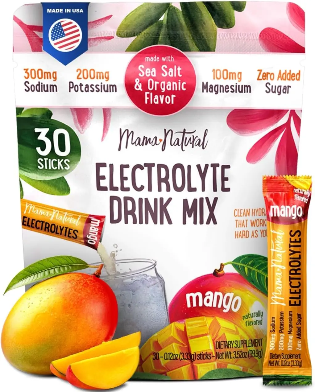 Mama Natural Electrolyte Drink Mix Packets - Mom-Focused Selfcare Supplement with Sodium, Natural Sea Salt, Potassium, Magnesium Glycinate Minerals - Sugar-Free, Gluten-Free, Organic Mango Flavor - 30 Travel Sticks for Instant Hydration