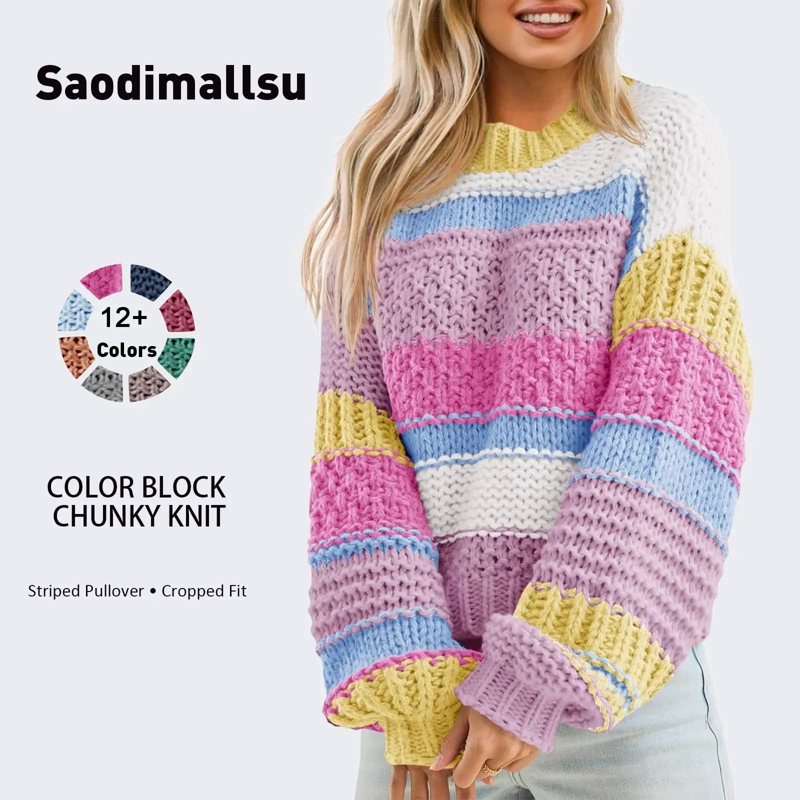 Saodimallsu Women's Rainbow Stripe Colorblock Knitwear Sweater - Chunky Acrylic Knitting, Fitted Medium Length Long-Sleeve Round Neck Drop Shoulder Casual Pullover Top for Party, Photography, Crew Neck, Casual Cute sohochic