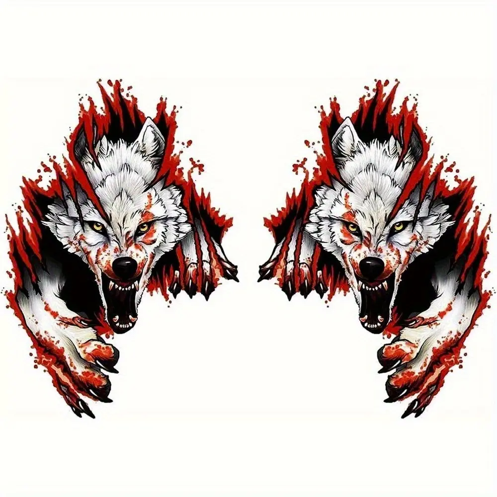 2Pcs 3D Wolf Head Car Sticker, Waterproof, Horror, Bloody Wolf, Realistic Animal Stickers, 2D Flat Sticker, Vinyl, Car Truck Decal, Car Decals, Suitable for Cars, Motorcycles, Trucks