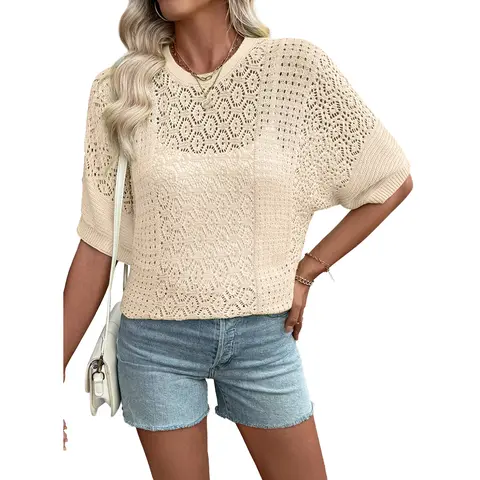 EVALESS Women's Crochet Round Neck Short Sleeve Drop Shoulder Hollow Out Lace Knit Top - Solid, Medium-High Stretchy, Lightweight Casual Beach Sweater for 2026 Summer Back to School Outfits, Ribbed Deals