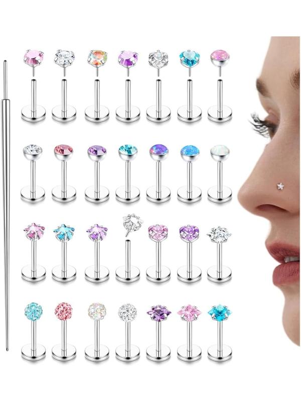 28PCS Threadless Nose Studs Hypoallergenic Flat Back Earrings Surgical Steel Opal Helix Piercing Tragus Stud Conch Cartilage Medusa Labret Piercing Jewellery For Women Men 6/8MM Nose Piercing Jewelry