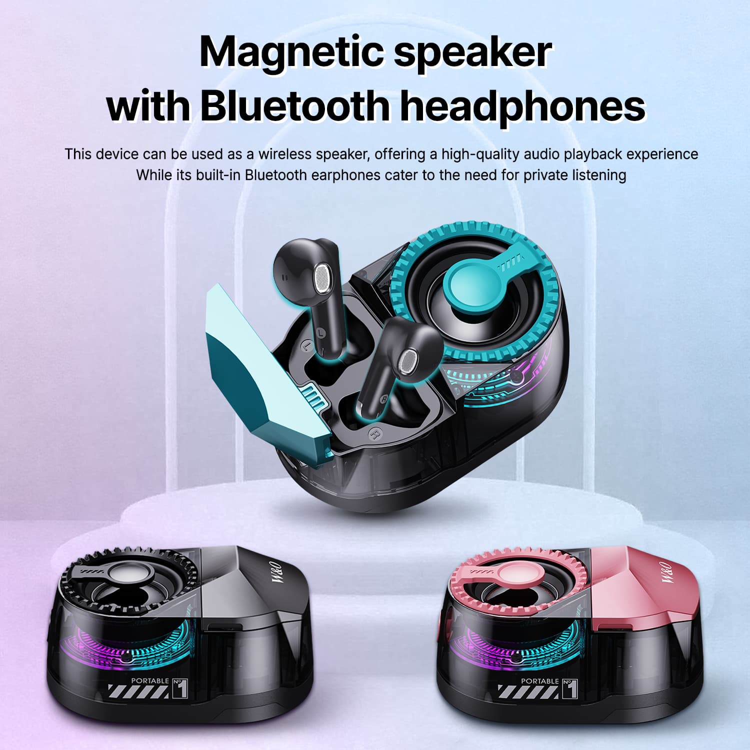 ​​3-in-1 Portable Magnetic Bluetooth Speaker Headphones Phone Holder | Dual SEPARATE Bluetooth 5.4 | 600mAh Battery | Twin Wireless Speakers + Headphones | iPhone Android | Travel Office Multi-Device​​