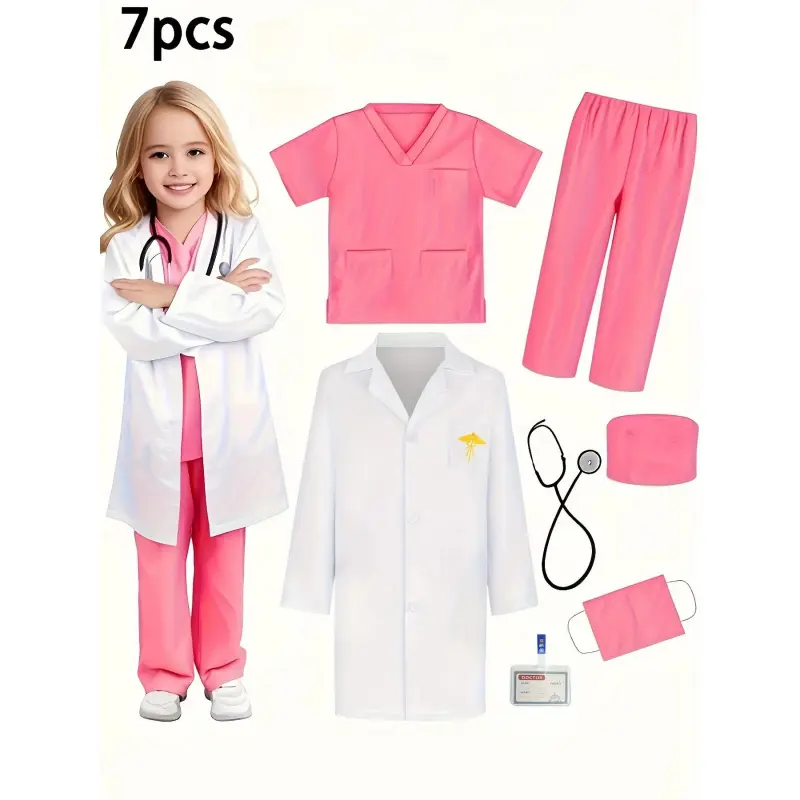 QYGirl's Doctor Role-Play Seven-Piece Costume Set, including a coat, surgical gown, stethoscope, and name tag, suitable children aged 3 to 10 party dress-up and pretend play