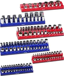 Magnetic Socket Organizer Set, 6PCS Socket Holder, 1/4'', 3/8'' & 1/2'' Metric SAE Socket Trays with Clear Labels, Hold up to 143PCS Standard & Deep Sockets, Blue & Red (Sockets Not Included)