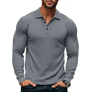 Men's Solid Color Polo Shirt, Regular Fit Casual Long Sleeve Collared Top for Spring & Fall, Fashion Men's Clothes for Daily Wear, Grey