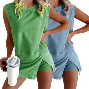 Buenoble Womens Summer Lounge Set Mineral Wash Tank Top Split Skirt Travel Casual Two-Piece Outfit
