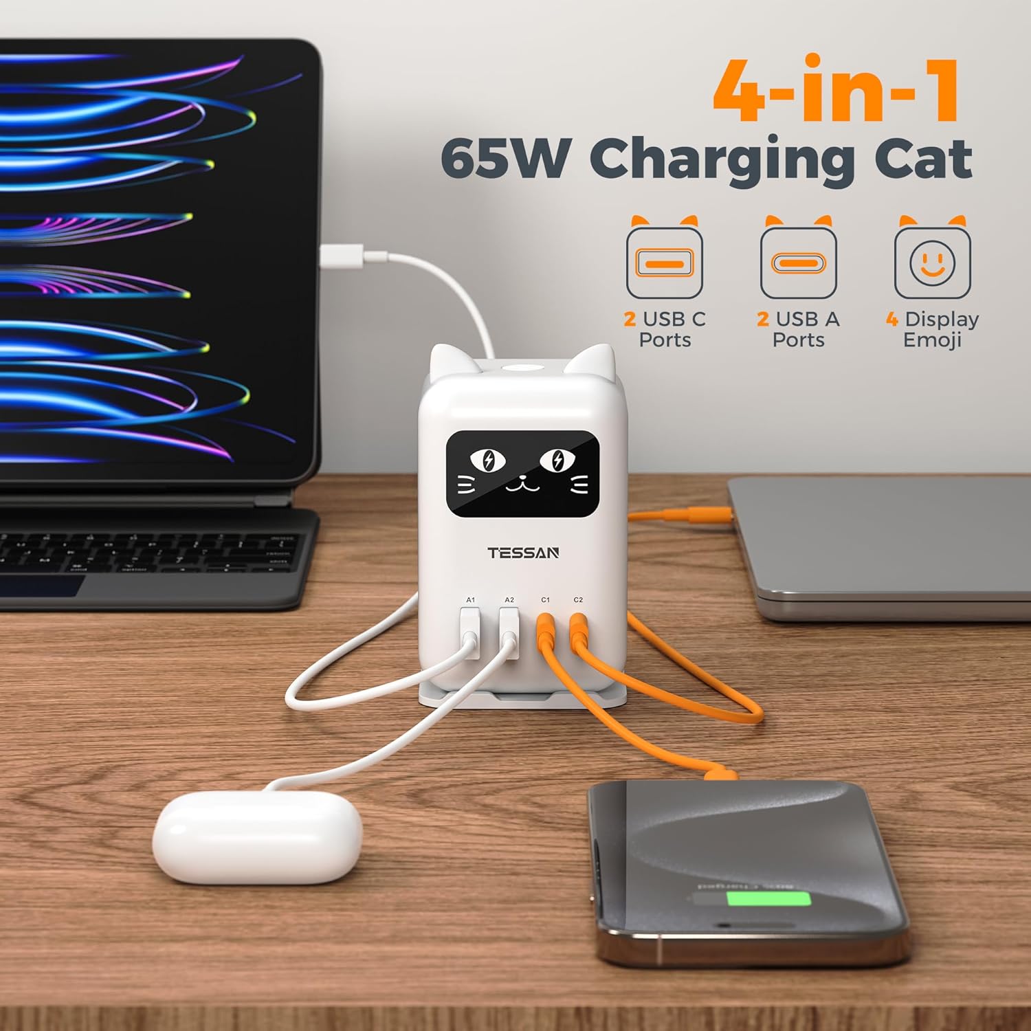 Tessan PD 65W Lucky Cat USB Charging Station for Multiple Devices, Desktop Tower Cat-Shaped Charging Companion with 4 USB Ports for Smartphones, Tablets, Pads and Other Electronic Devices in Office Home Dormroom