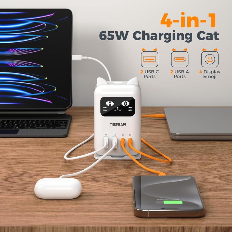 Tessan PD 65W Lucky Cat USB Charging Station for Multiple Devices, Desktop Tower Cat-Shaped Charging Companion with 4 USB Ports for Smartphones, Tablets, Pads and Other Electronic Devices in Office Home Dormroom Tessan PD 65W Lucky Cat USB Charging Station for Multiple Devices, Desktop Tower Cat-Shaped Charging Companion with 4 USB Ports for Smartphones, Tablets, Pads and Other Electronic Devices in Office Home Dormroom
