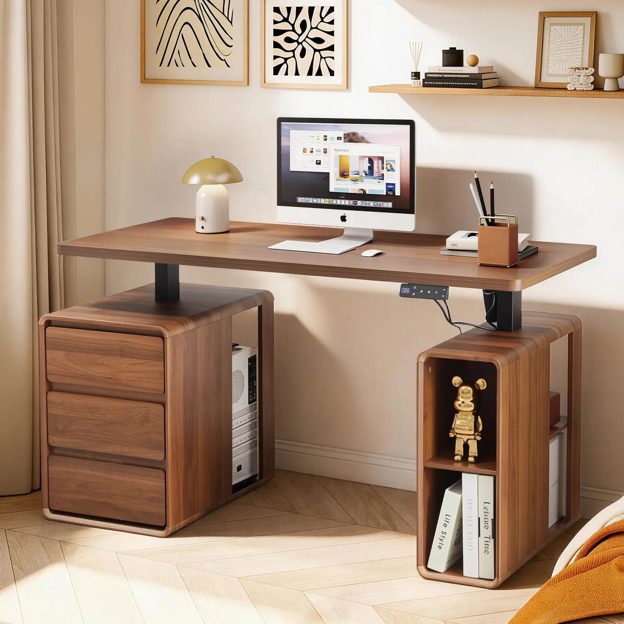 Giratree 55” Electric Standing Desk, Electric Lift Computer Desk with 3 Storage Drawers & Open Shelf, Modern Wood Home Office Desk with Quiet Motor, Home Office Desk