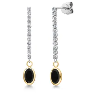Gem Stone King 14K Two Tone Gold Black Onyx and Lab Grown Diamond Dangle Earrings for Women | 1.76 Cttw | Gemstone December Birthstone | Oval 7X5MM