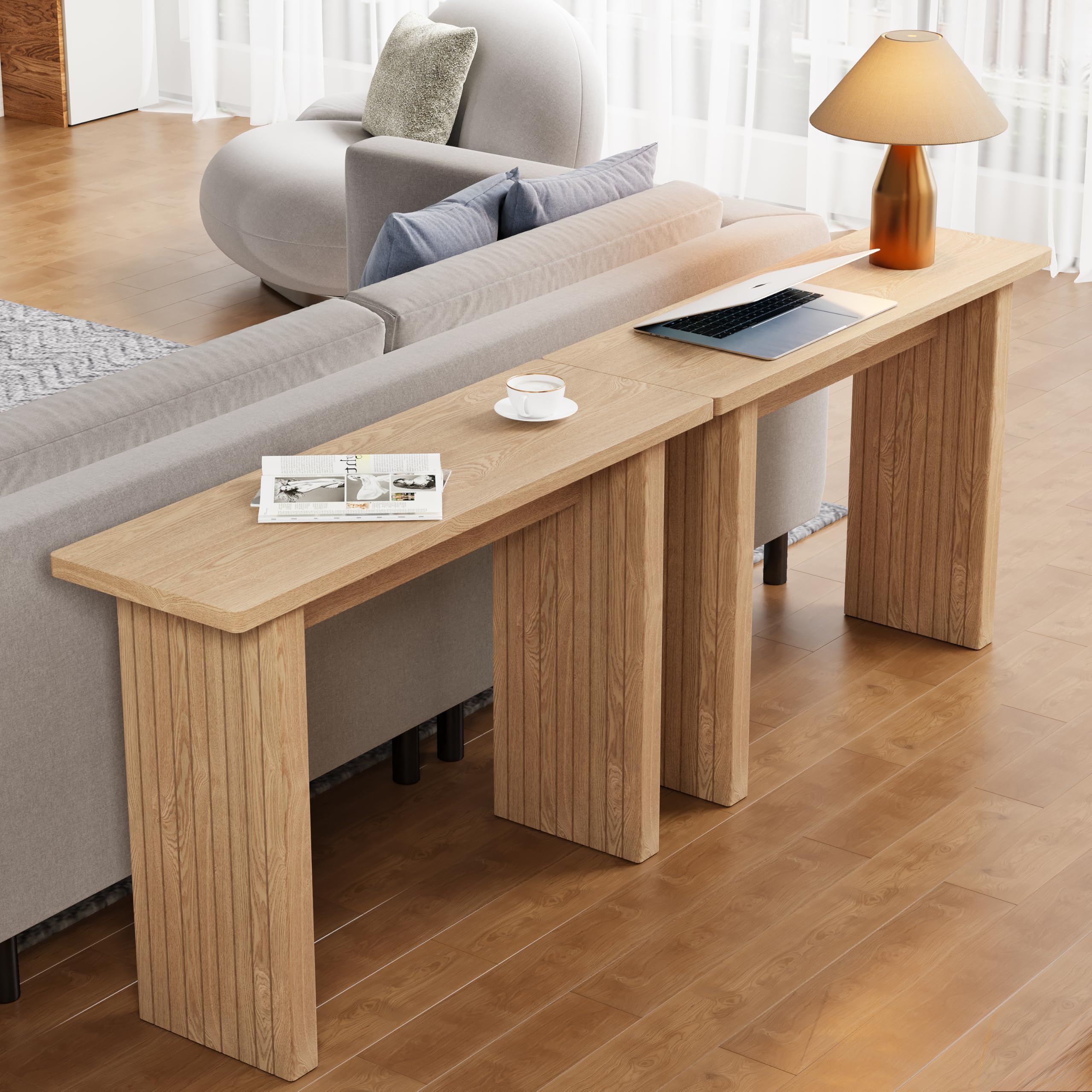 Giratree 43.3" Fluted Wood Couch Table Behind Sofa Long and Skinny for Living Room Hallway Entrance Foyer Mid Century Narrow Entryway Console Table