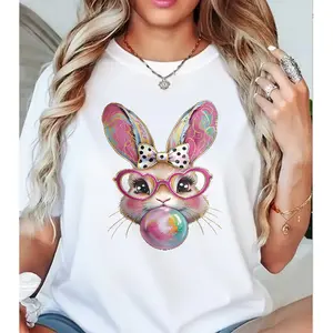 Cool Bunny With Glasses Blowing Bubblegum Pastel Easter Cotton Graphic Tshirt