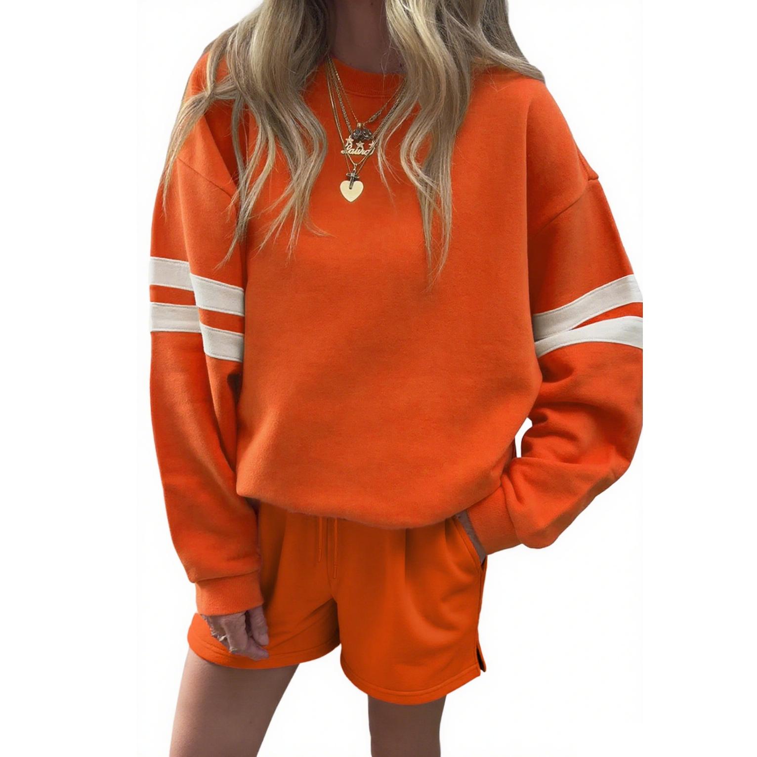 Mntaor Women's  Winteroutfit Comfy Striped Accent Crew Neck Pullover and Shorts Two Piece Loose Fit Set Pajamas Set Family Matching Set Cotton Fabric Loungewear