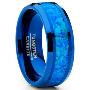 Men's Blue Green Crushed Opal Tungsten Wedding Band Ring Comfort Fit 8MM