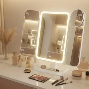 Led Makeup Mirror Rechargeable with 21 LED Lights,Two Power Supply Modes, Adjustable Touch Screen and 1x/2x/3x Magnification Tri-Fold Vanity Mirror,Chargeable Travel Cosmetic Mirror for Desktop(White)