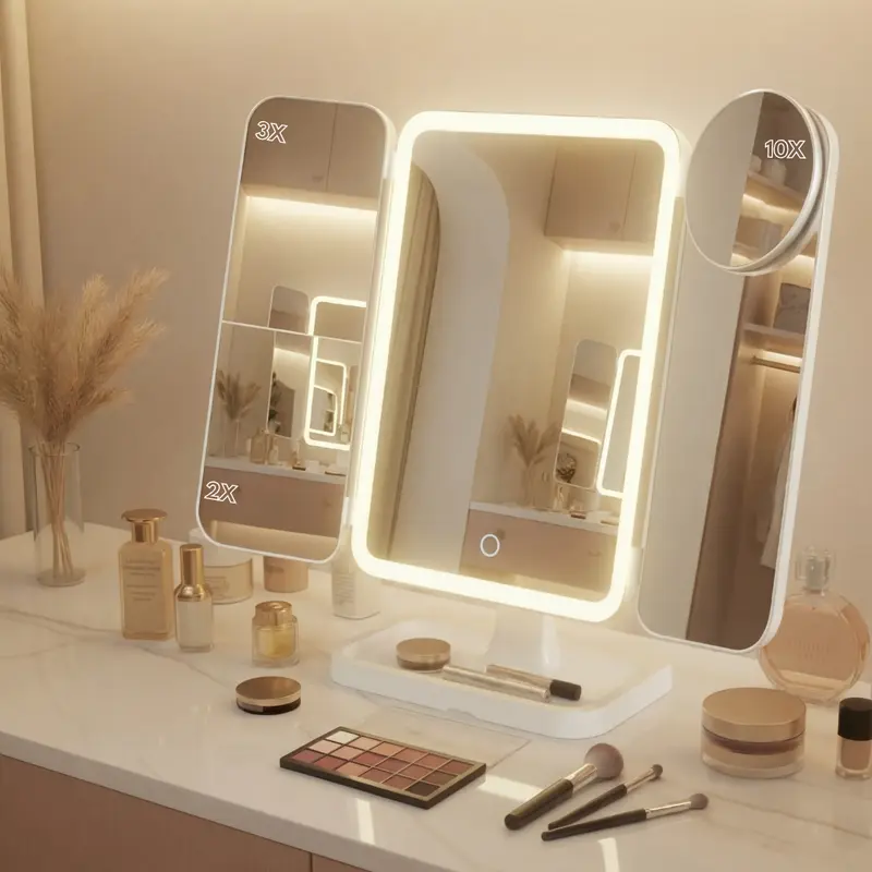 Led Makeup Mirror Rechargeable with 21 LED Lights,Two Power Supply Modes, Adjustable Touch Screen and 1x/2x/3x Magnification Tri-Fold Vanity Mirror,Chargeable Travel Cosmetic Mirror for Desktop(White)