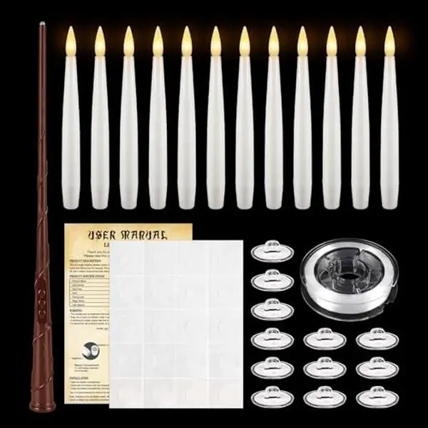 12White Flameless Floating Candles with Wand Remote, Magic Hanging Candles with String, Taper Candle Flickering Flameless Light Halloween Candles for Halloween Christmas Birthday Party Decor.