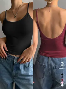 2-Pack Solid Color Deep-U Backless Tank Tops for Women – Casual Sleeveless Spaghetti Strap Tops for Everyday Wear, All-Season Women’s Apparel