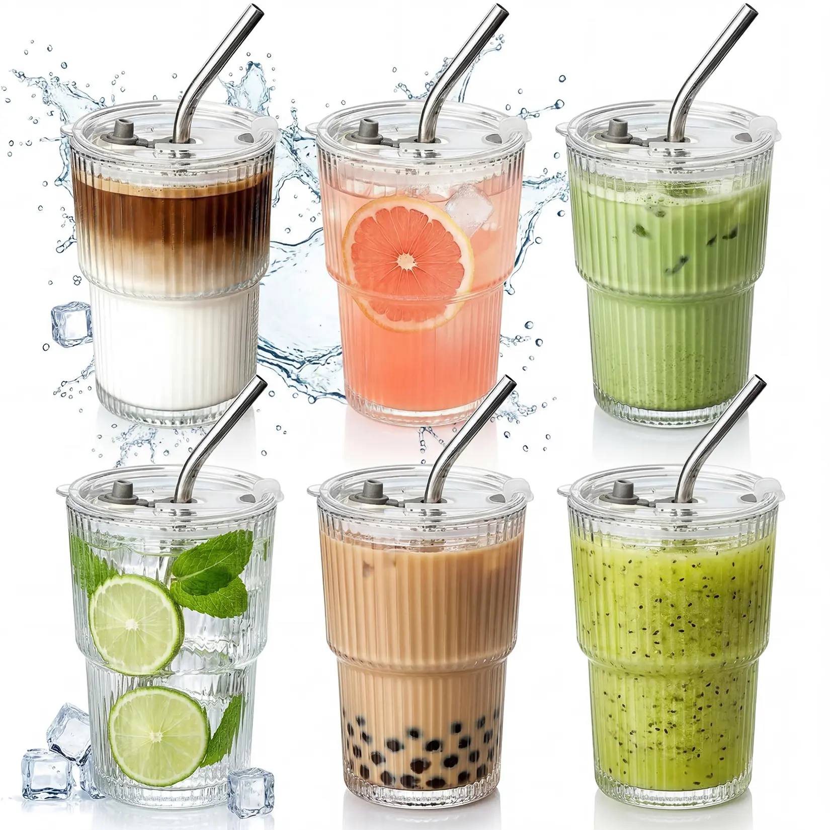 13oz Reusable Clear Ribbed Glass Tumbler with Lid & Straw, Aesthetic Vertical Striped Cup for Iced Coffee, Bubble Tea, Smoothies