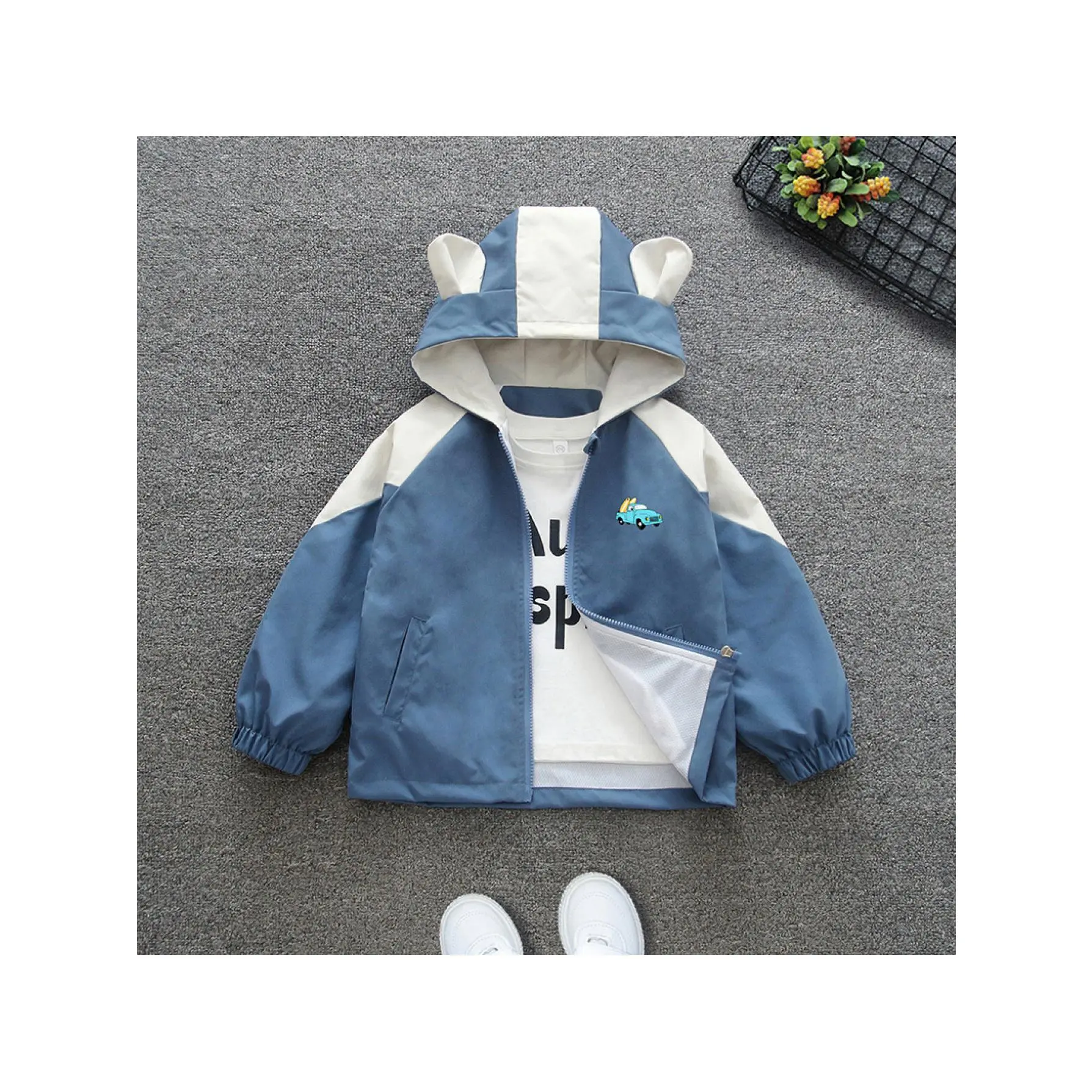 Boys' Color Block Jacket - Children-Sized, Appliques 3D Ear Coconut Tree & Pickup Truck Design, 2026 Spring Autumn Casual Wear, Ideal Gift (Size 11), Children-Sized Boys' Jackets, Appliques Boys' Jackets