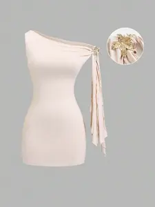 RES Sexy French Elegant Fitted Asymmetric Shoulder Tie Mini Dress