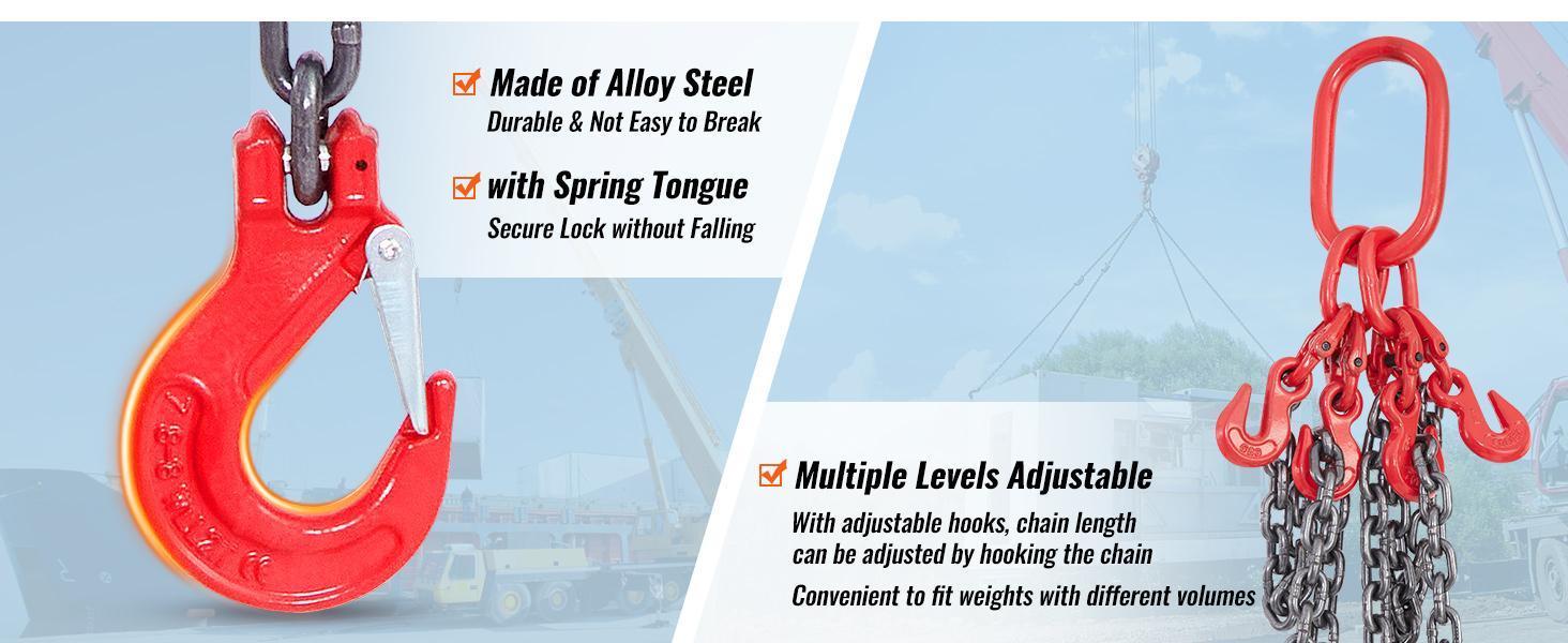 VEVOR Chain Sling, Max 11000 lbs Weight Capacity, G80 Lifting Chain with Grab Hooks, DOT Certified, Blackening Coating Manganese Steel & Adjustable Length, for Dock Factory Construction Site