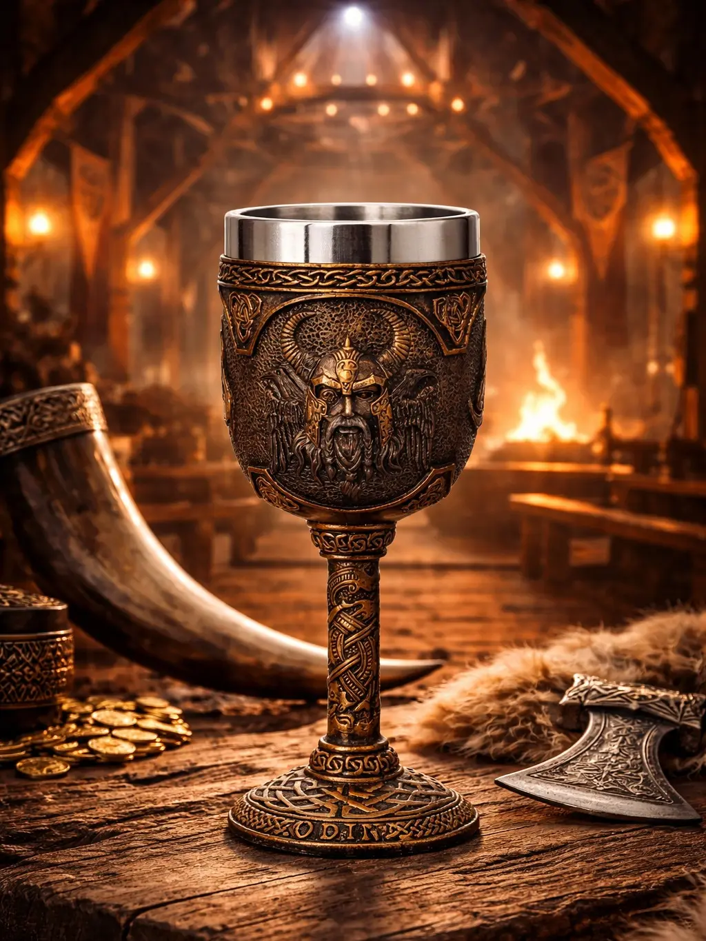 The Armored Kingdom 7oz Engraved Viking Goblet Chalice - Eternal Feast Themed, Premium Stainless Steel, High-Detail Resin, Bronze, Durable Throne-Room Drinkware for Norse Mythology Enthusiasts, Ancient Nordic Warriors Rituals