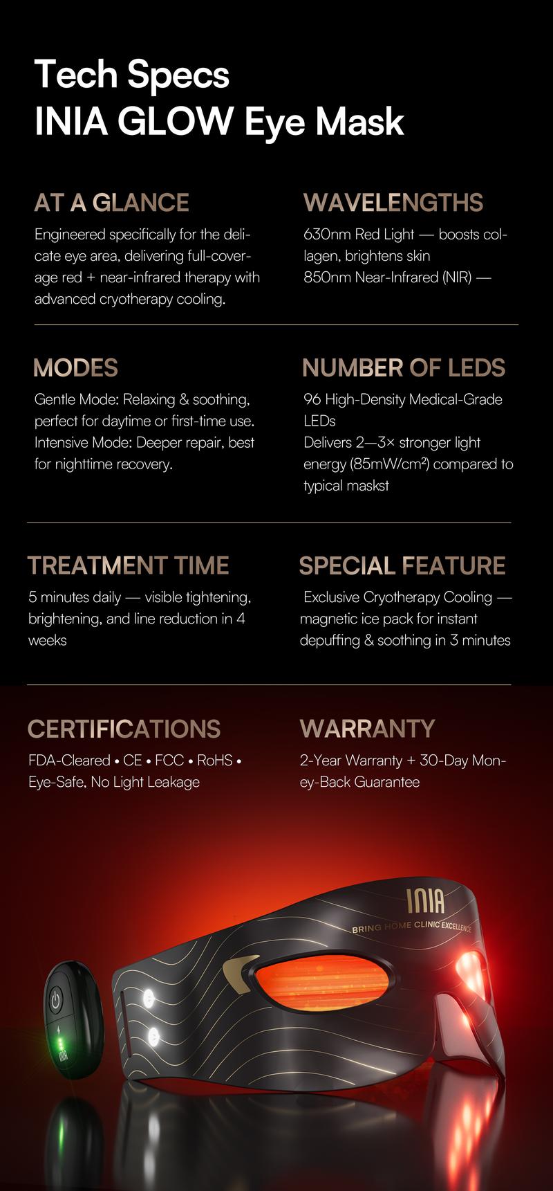 【LIVE EXCLUSIVE】INIA GLOW Red Light Therapy Eye Mask with 96 High-Density LEDs & Cryotherapy Cooling, LED Eye Mask Skincare for Wrinkles, Dark Circles & Puffiness, FDA-Cleared, Portable and Rechargeable, 2-Year Warranty