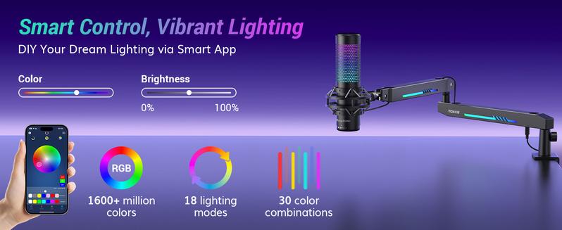 TONOR T90/T20S RGB Boom Arm, Adjustable Mic Stand with 11 Light Modes for Gaming, Streaming, Podcasting, and Recording, Durable Steel Usb Cable