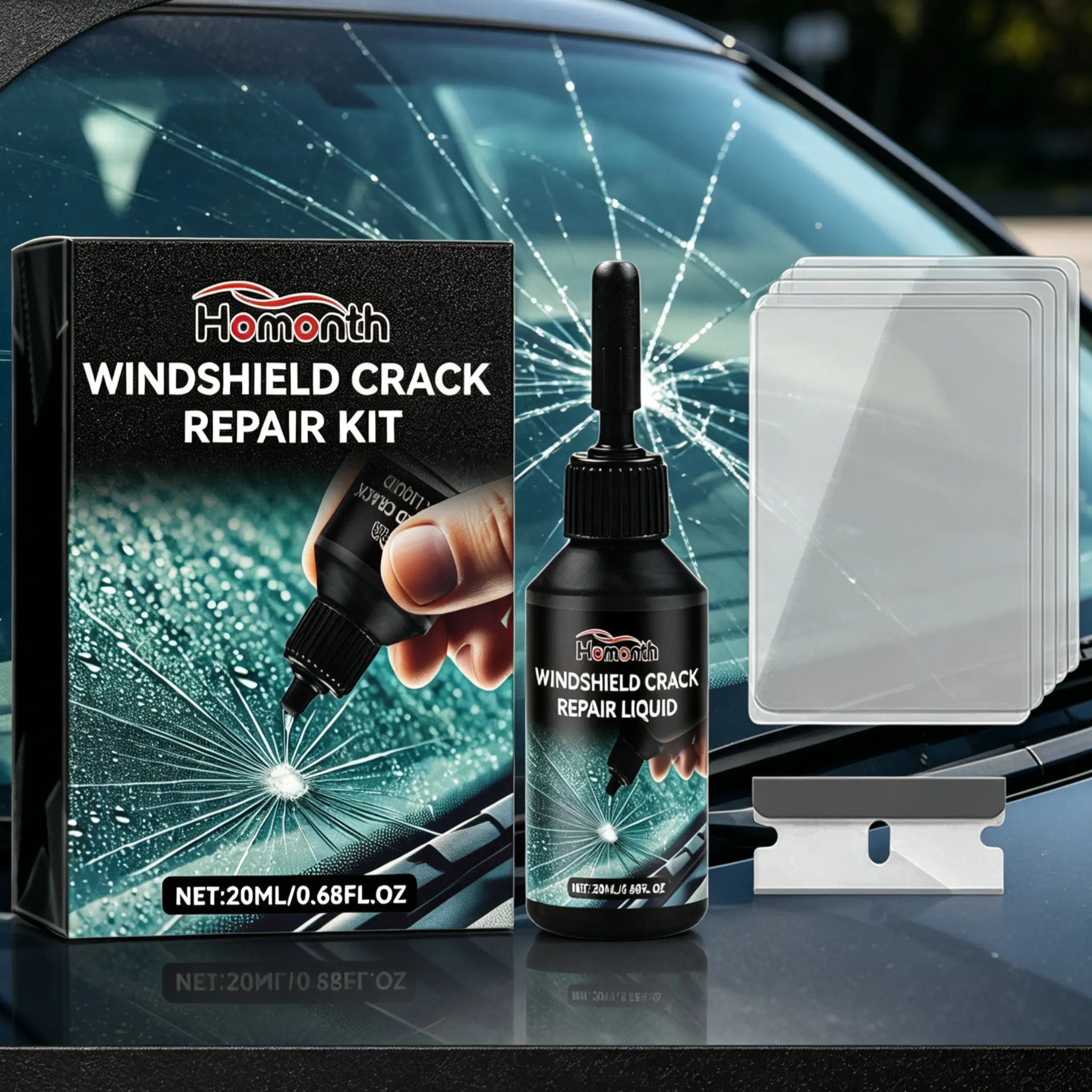 Homonth Professional Windshield Crack Repair Kit, UV Cure Epoxy Adhesive for Automotive Glass Chips, Scratches, Bulls-Eye & Star Cracks - Easy DIY Permanent Crystal Clear Fix for All Car Glass Damage