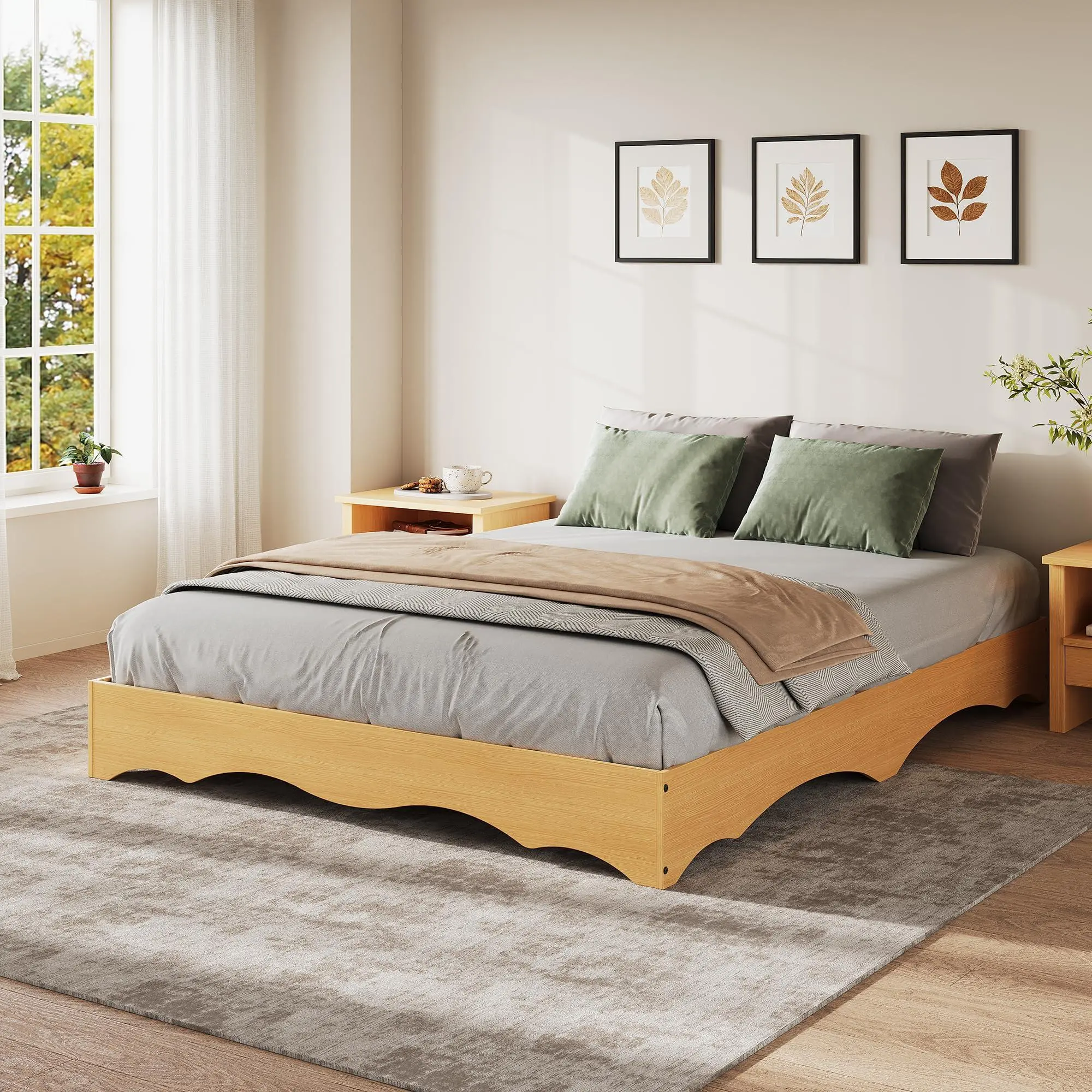Queen Wood Platform Bed Frame, Wave Edge Bed with Sturdy Slat Support, Wooden Bedframe Without Headboard, Noise-Free Design, No Box Spring Needed, Easy Assembly