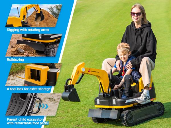 360-Degree Rotating Ride-On Excavator and Bulldozer with Track Design Wheels for All-Terrain Play Remote Control MP3 Toolbox for Kids and Parents Interactive Construction Toy