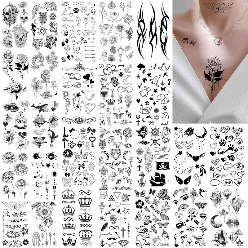 52 Sheets Creative Black Tiny Crown Infinity Triangle Fake Tattoos For Men Women Realistic Stars Letters Tattoos For Kids Tattoos Temporary Waterproof Arm Hand Face Finger Neck Tatoo Stickers